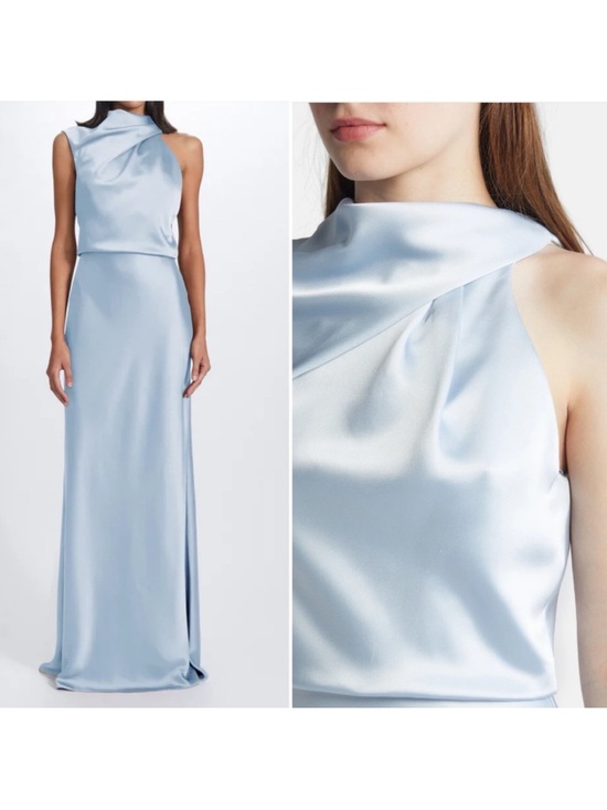 Amsale Dresses & Skirts - NEW Amsale Fluid Satin Draped Neck Dress in Ice Blue BHLDN Gown Asymetrical